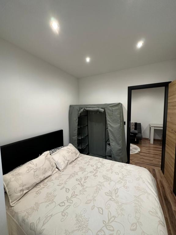 a bedroom with a bed and a large mirror at Le fayet in La Celle-sous-Gouzon