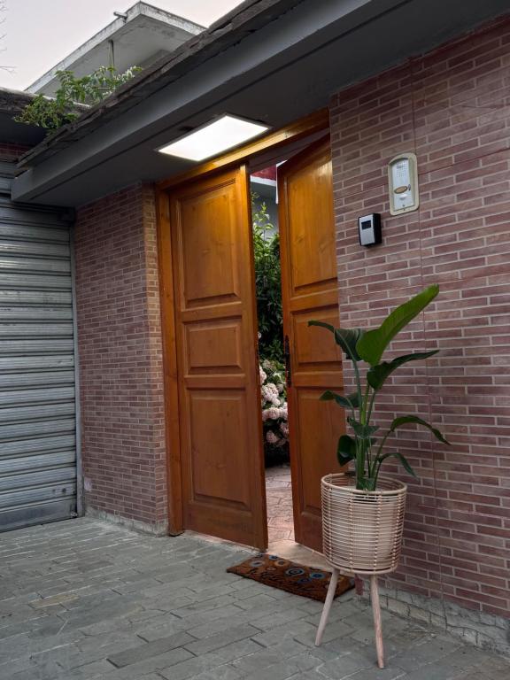 a plant in a basket in front of a door at Villa Adams in Përmet