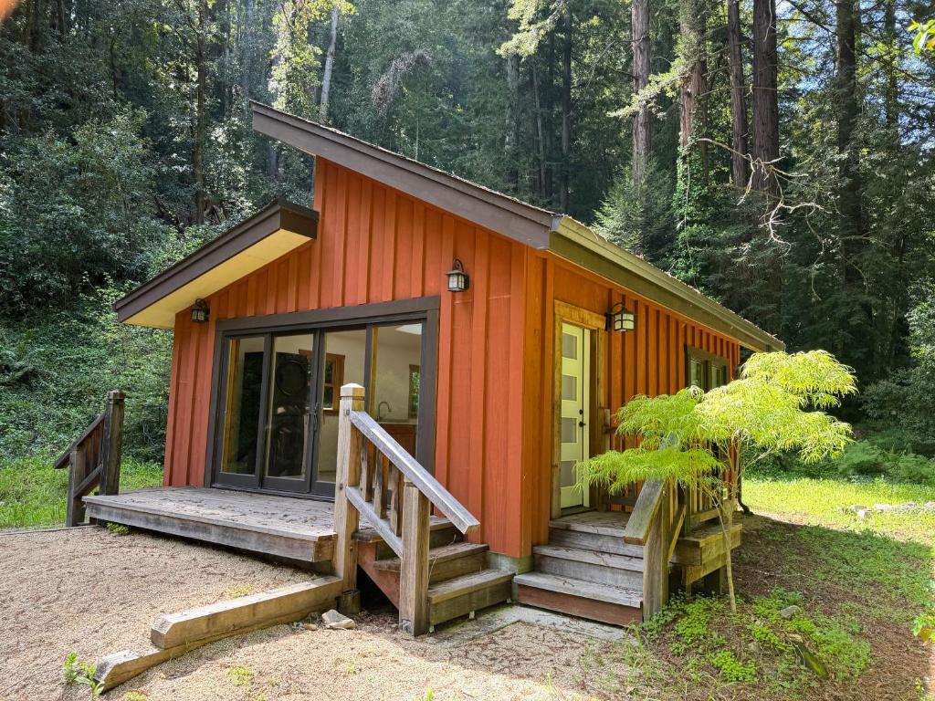 a tiny house in the woods with a staircase at Casalarada - House by the Creek in Watsonville