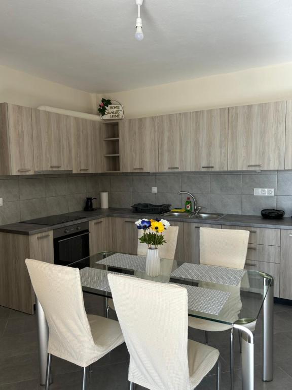 a kitchen with a glass table and white chairs at Konitsa Escape Apartment in Konitsa