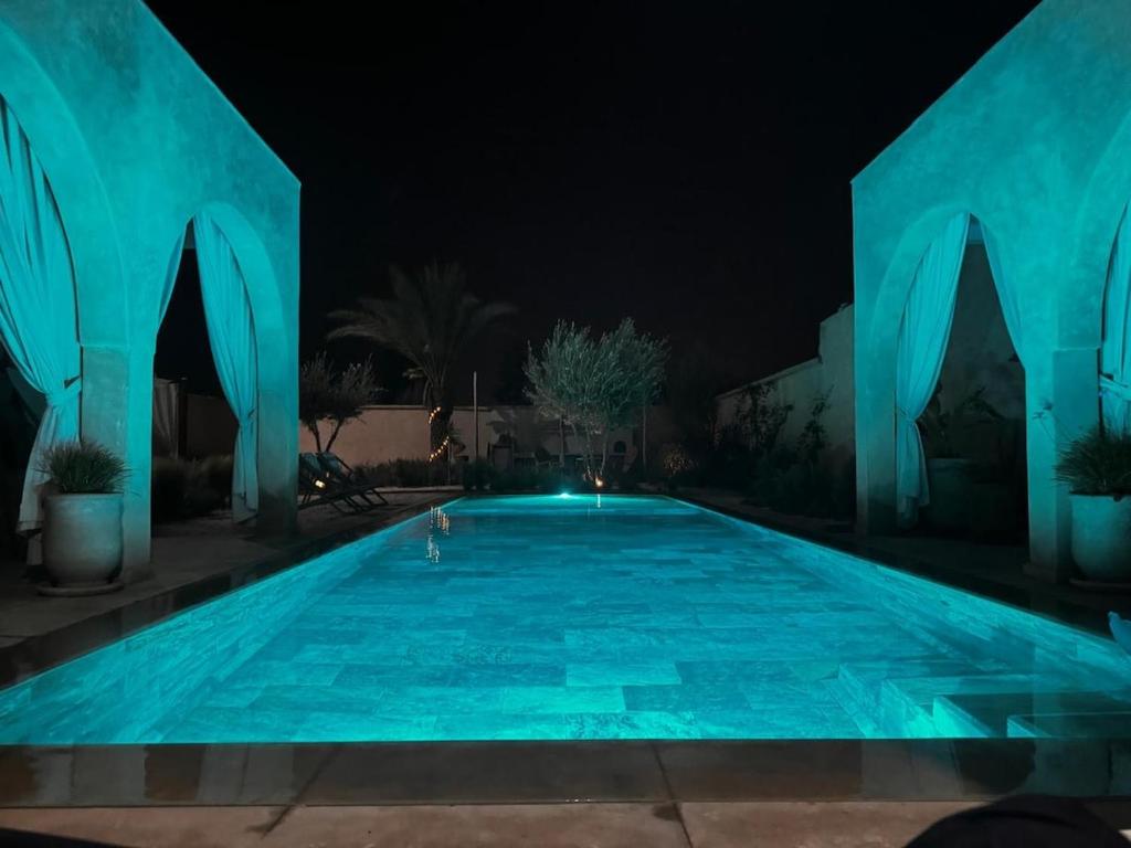 a person playing in a swimming pool at night at Villa Cactus & chill - Breakfast included! in Marrakech