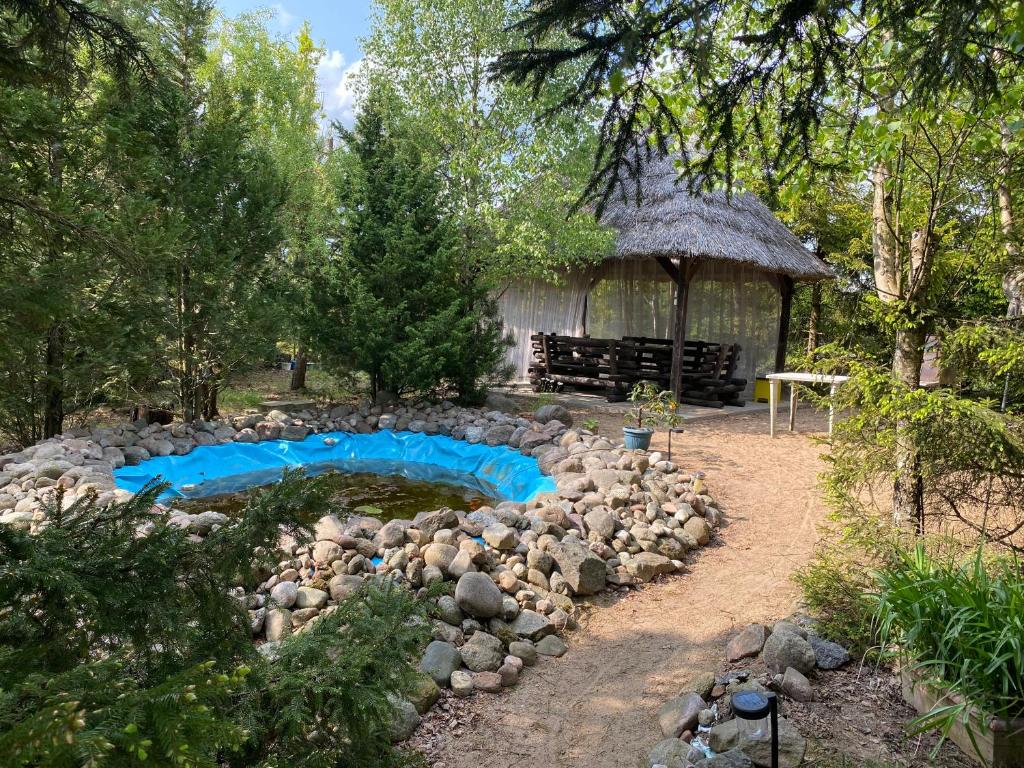 a small pool in a yard with a gazebo at Domek Bory Tucholskie in Skorka