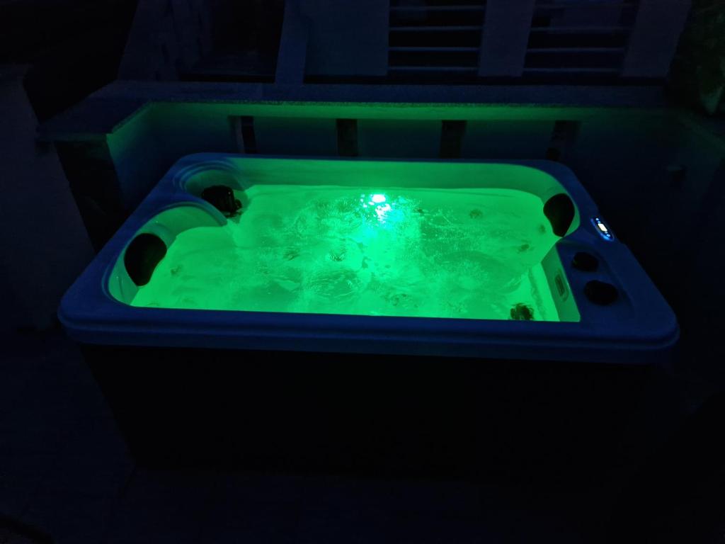 a blue hot tub in a dark room at Borat apartmani. in Vir