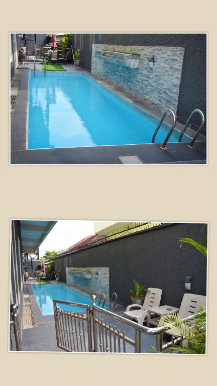 two pictures of a swimming pool with chairs at 3Apartments in Lagos