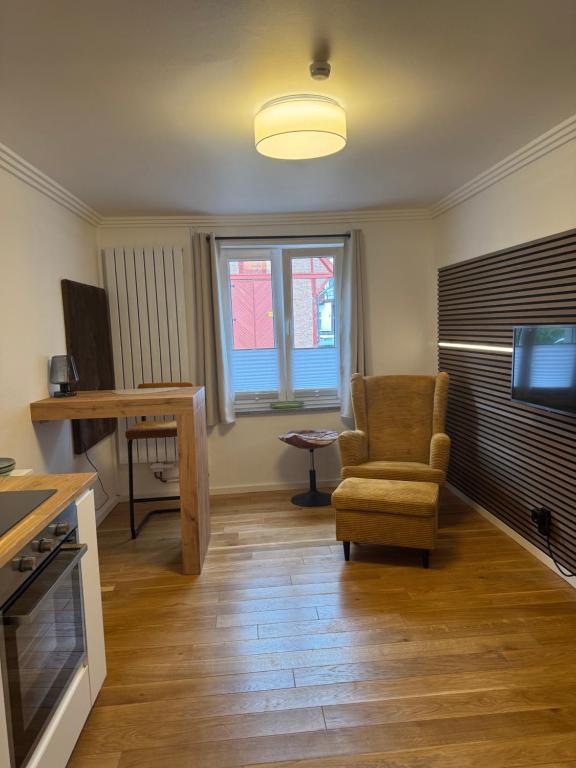 a living room with a chair and a television at Elbsleep in Dömitz