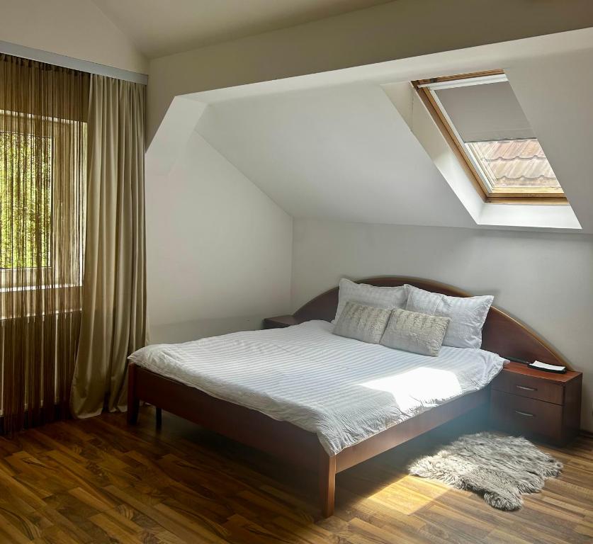 a bedroom with a bed with a skylight at Villa Zetta in Braşov