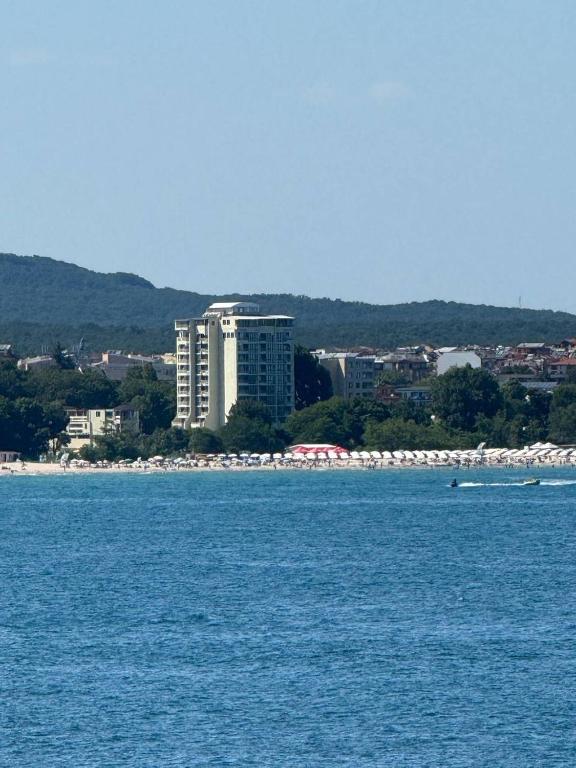 普里莫尔斯科Perla Sun Beach Hotel - All Inclusive的一大片水域，背景是一座城市