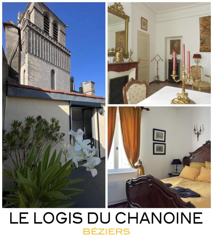 un collage de photos d'une chambre et d'une chambre avec un lit dans l'établissement Le Logis du Chanoine, 50 m2 and terrace face to Cathedral, à Béziers