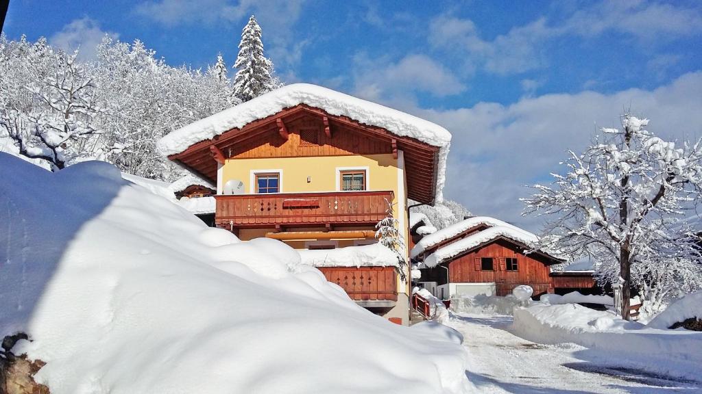 a house covered in snow next to trees andrees at Almliesl LOFE-727 in Lofer
