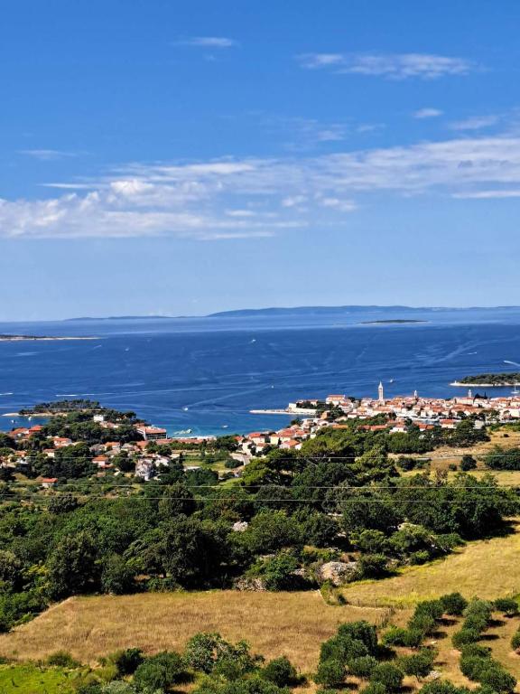 a town on top of a hill with the ocean at Apartments Tinjarosa in Mundanije