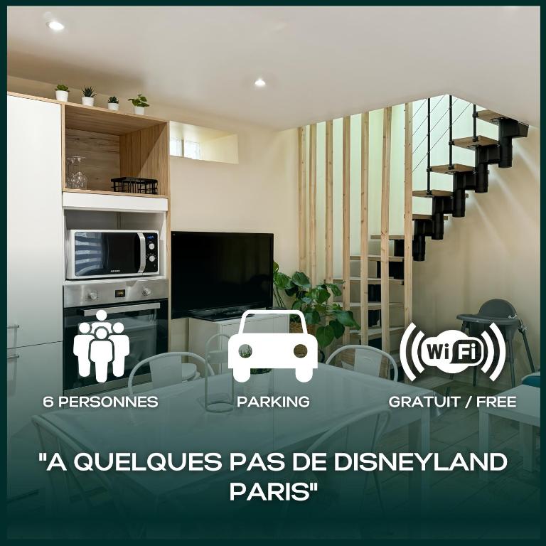 un rendu d'un salon avec une voiture blanche à la fenêtre dans l'établissement Eglise 2 - Maisonnette pour 6 à Disneyland Paris, à Coutevroult