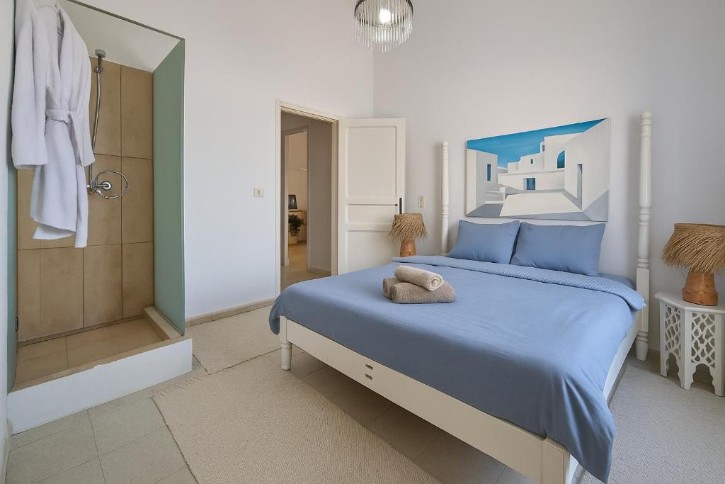 una camera con letto blu e doccia di Dar El Aalia Sea View Stay in Iconic Sidi Bou Saïd a Sidi Bou Saïd