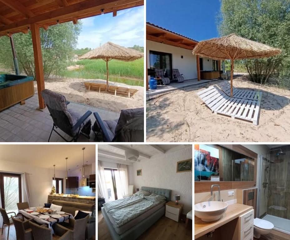 eine Gruppe von vier Bildern eines Hauses mit einem Regenschirm in der Unterkunft Domek Loft z Balią Jacuzzi i sauną na wyłączność Dowspuda 