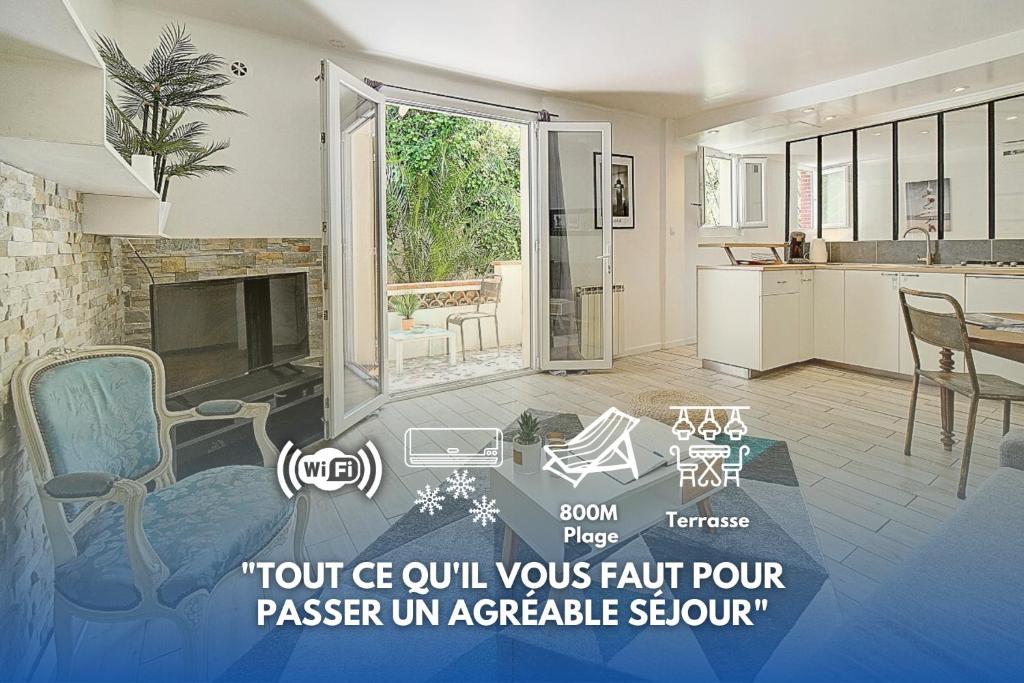 Il dispose d'une cuisine et d'un salon avec une cheminée. dans l'établissement Le Alex - 800m des plages - extérieur - Verrière Côte d'Azur, à Cannes