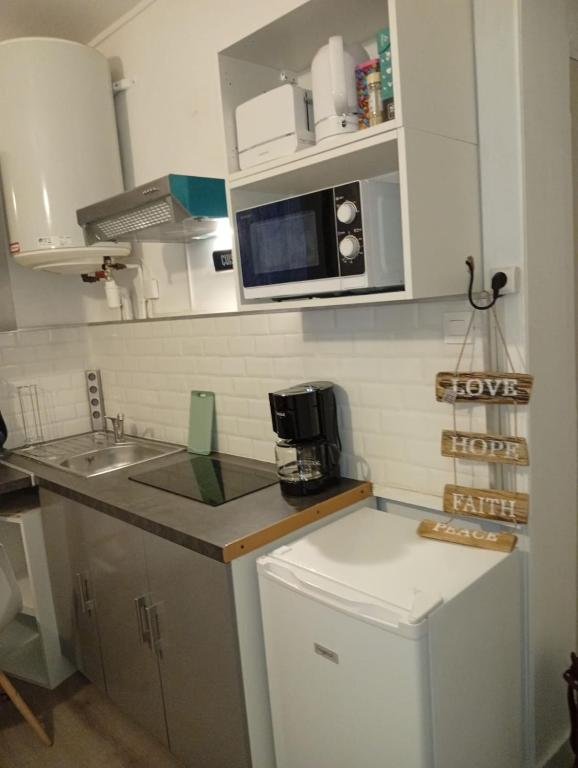 une cuisine avec un évier et un micro-ondes dans l'établissement Modern apartment!, à Hazebrouck