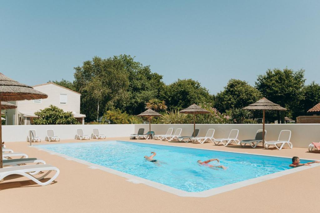 un groupe de personnes nageant dans une piscine dans l'établissement Camping L'orée des Bois - ATC Routes du Monde ATC - Saint-Pierre d'Oléron, à Dolus-d'Oléron