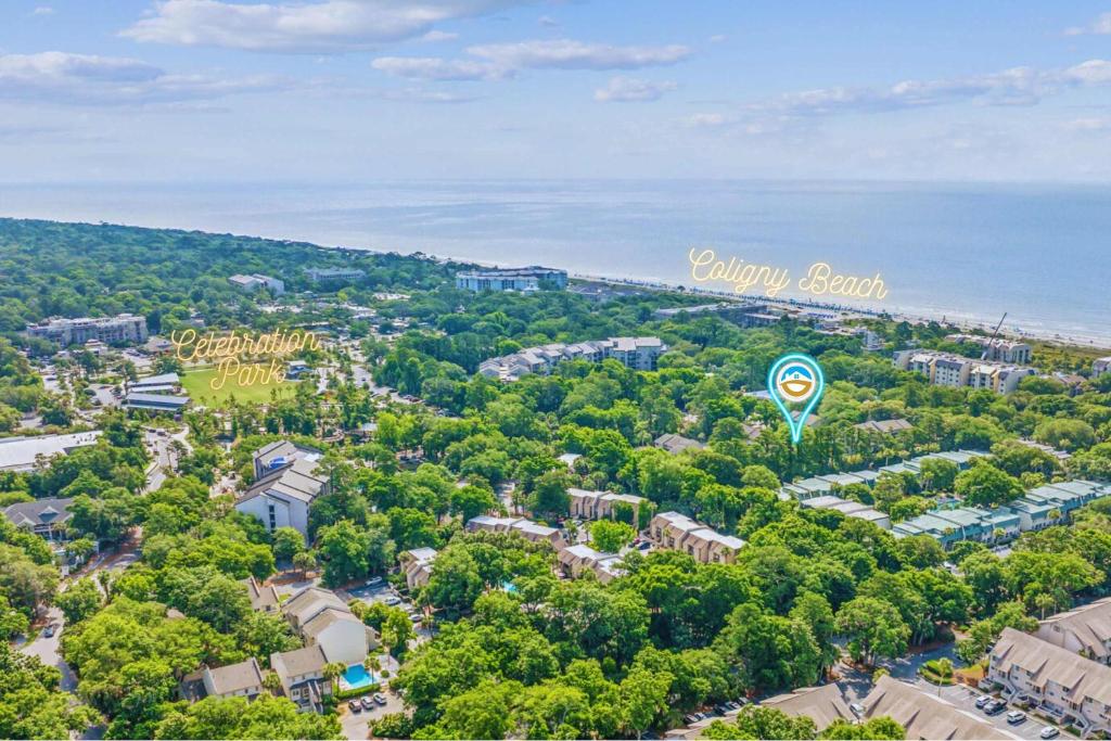 an overhead view of a city with a kite in the air at Forest Beach Villa - 2 BDR for 6 in Hilton Head Island