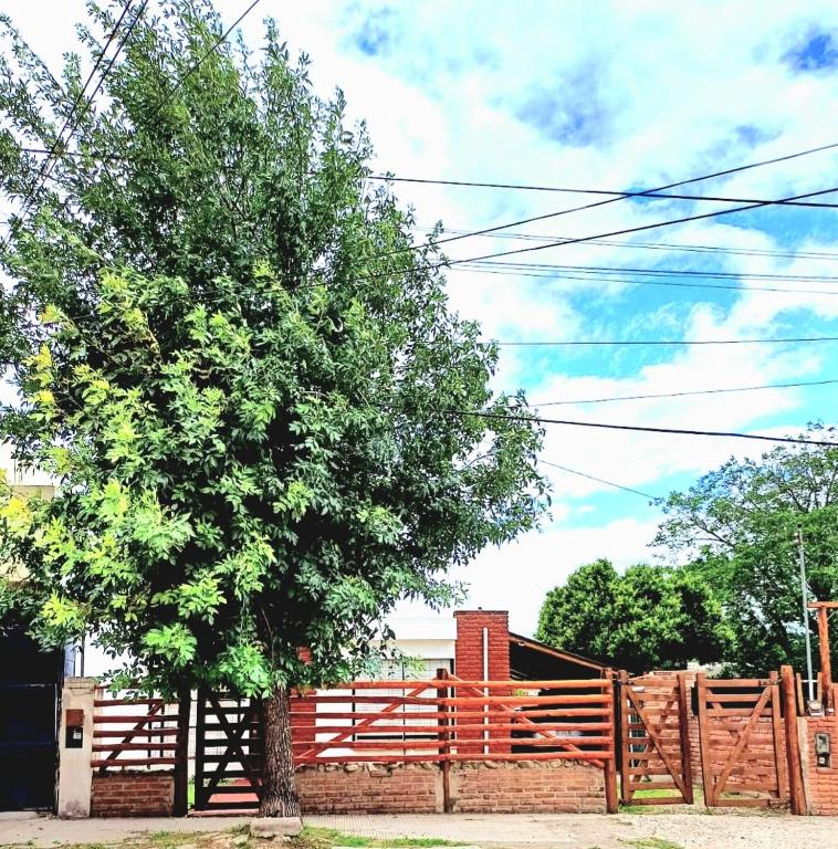 a tree in front of a wooden fence at Casa Chalet 6 personas in Cosquín