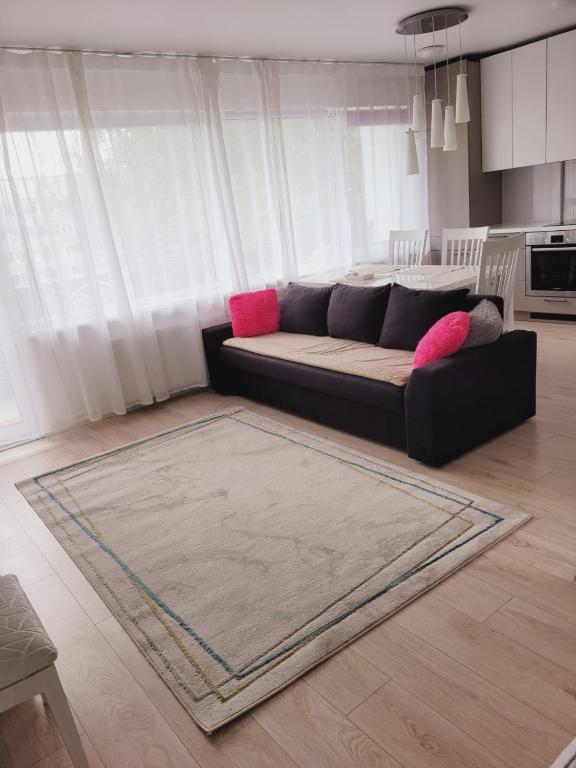 a living room with a couch and a rug at WHITE APARTMENTS free parking self check-inn in Riga