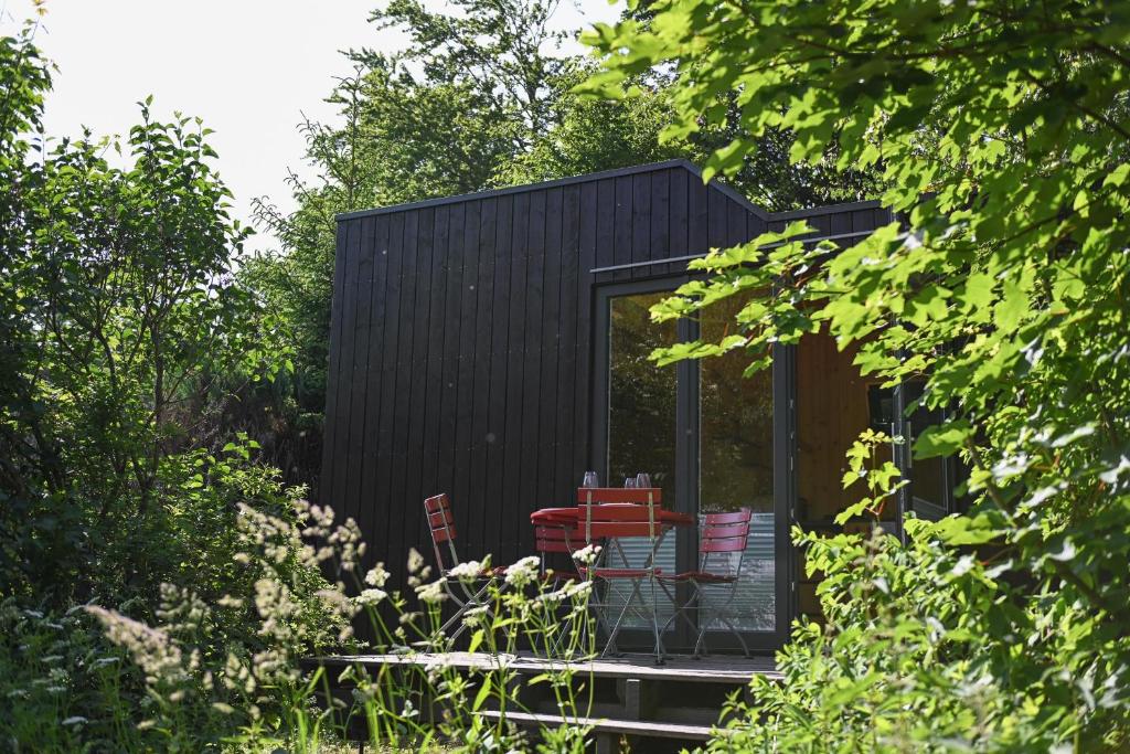 une petite maison noire au milieu des arbres dans l'établissement Green Tiny Village Harz - Tiny House Nature 19, à Osterode