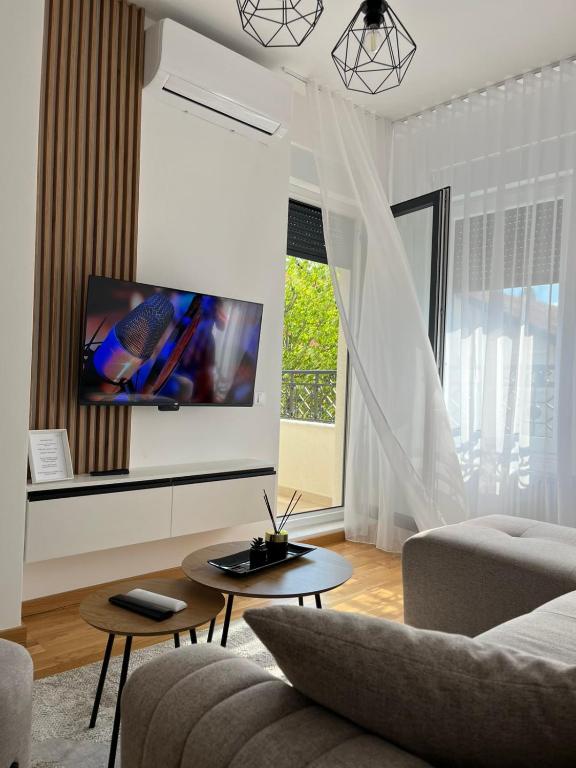 a living room with a couch and a tv at Apartman Relax in Arandelovac