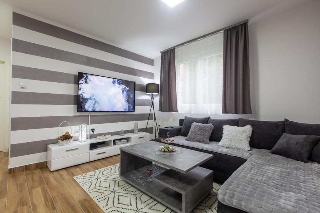 a living room with a couch and a tv at Apartman Aki in Bele Vode