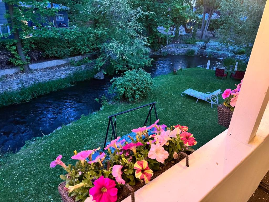 a flower box with pink flowers on a balcony at Kelowna little Island near Downtown, lake, hospital and Okanagan Collage in Kelowna