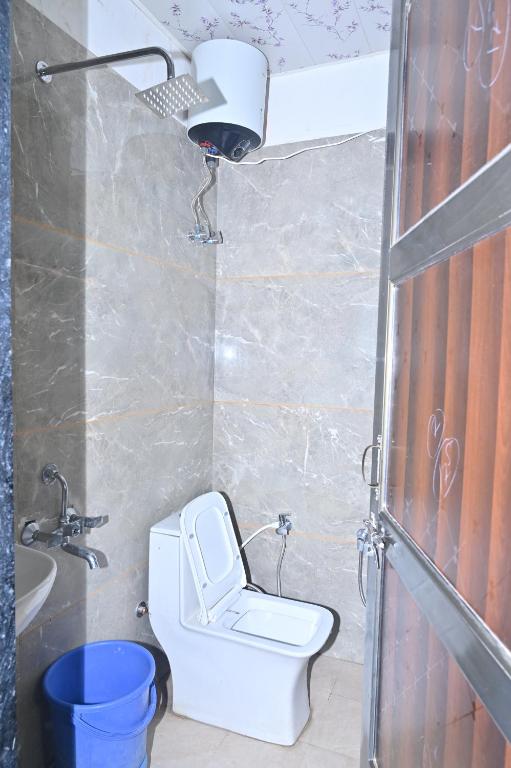 La salle de bains est pourvue de toilettes, d'un lavabo et d'une lumière. dans l'établissement Hotel Shiva Palace, à Khātu