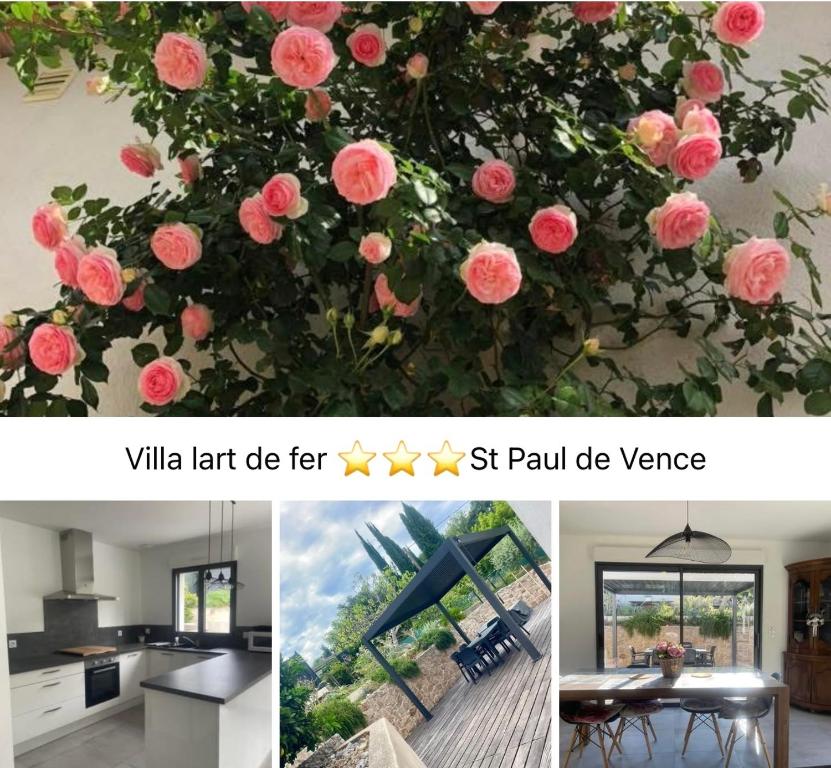 un collage de photos avec des roses roses sur un mur dans l'établissement Villa l'art de fer, à Saint-Paul-de-Vence