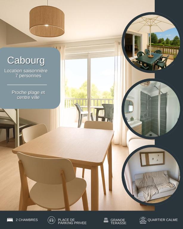 un collage de photos d'une salle à manger avec une table et des chaises dans l'établissement Duplex T3 refait a neuf sur Cabourg 2h30 de paris, à Cabourg