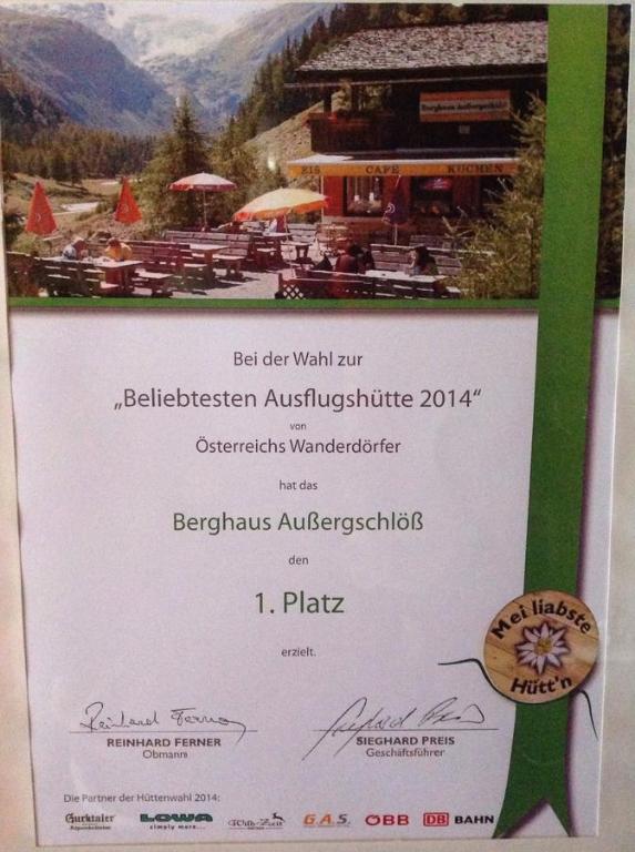 Certifikát, hodnocení, plakát nebo jiný dokument vystavený v ubytování Berghaus Außergschlöß