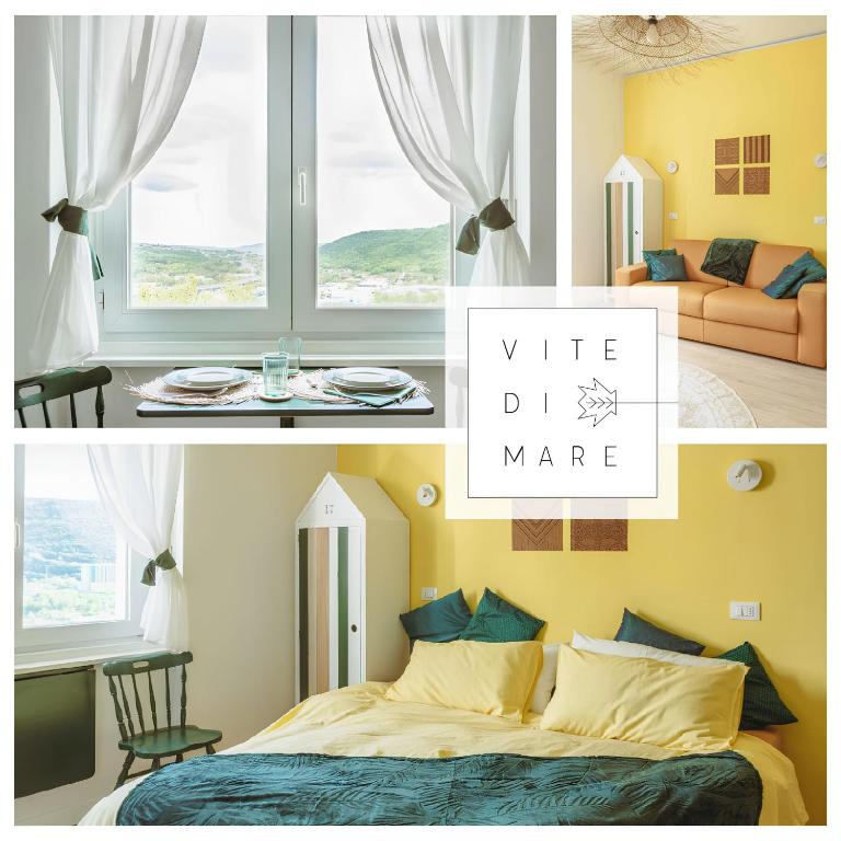 a collage of a bedroom with a bed and a window at SOLE SPECIAL AP-DOUBLE SOFA BED with TOPPER in Muggia