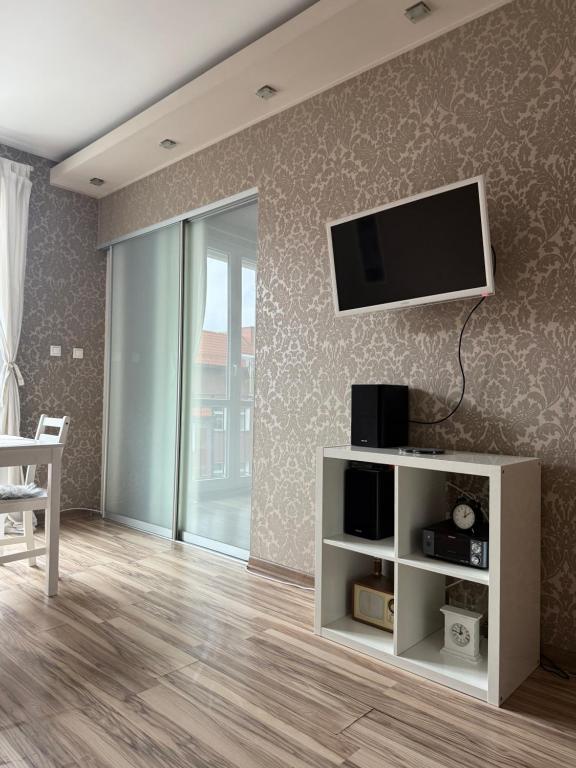 a living room with a television on a wall at Centrum Apartament in Gdańsk