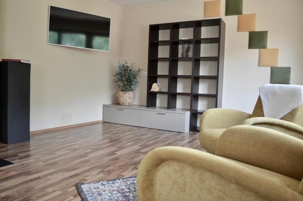 a living room with a couch and a television at Hollys Ferienwohnungen in Gerlos