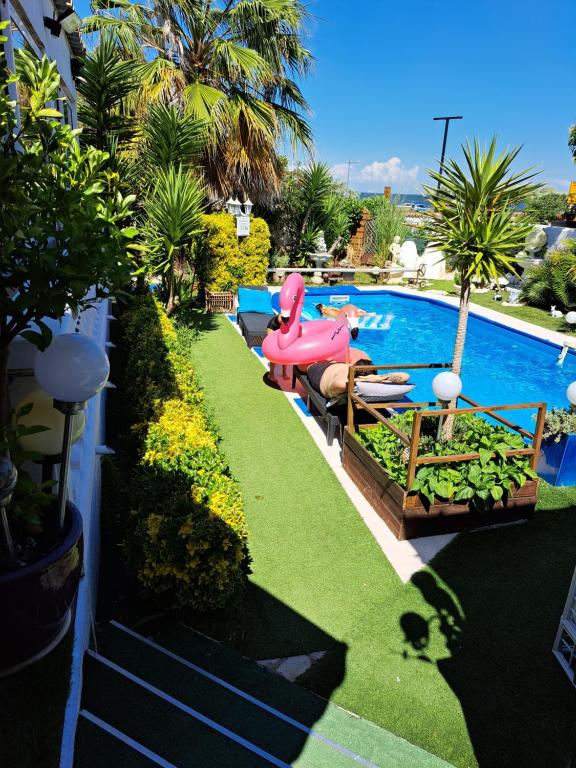 un cortile con una piscina con un giocattolo rosa accanto di MONTPELLIER SUD-Josephine,suite junior,2pers-piscine privé a Pérols