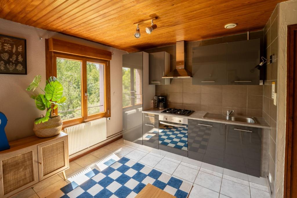 une cuisine avec un évier et une cuisinière dans l'établissement Flower Camping La Sténiole, à Granges-sur-Vologne
