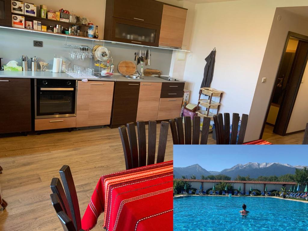 a kitchen and a swimming pool in a living room at 7 apartments in Alexander complex in Bansko