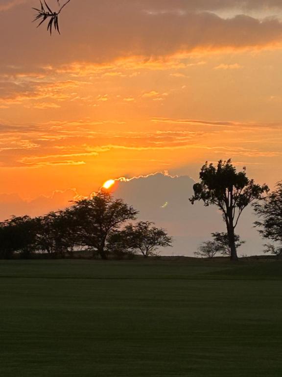 a sunset in a field with trees in the foreground at Beautiful grounds two pools in Waikoloa Village