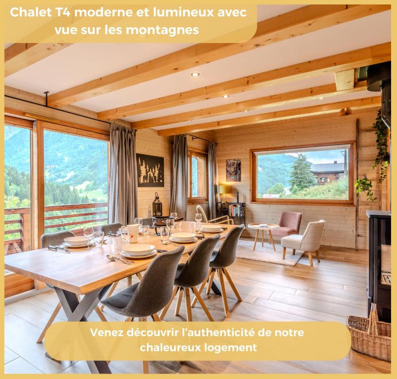 a dining room with a large wooden table and chairs at Le Sylvana I T4 I Abondance in Abondance