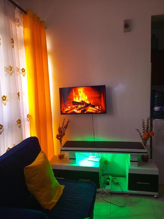 a living room with a fire on the wall at Cozyblue fully furnished 1 bedroom bnb in Mombasa