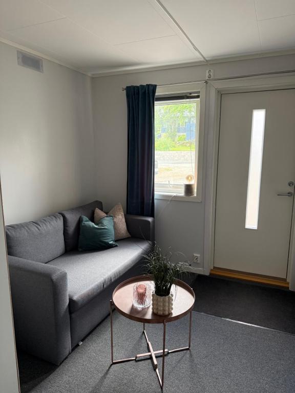 a living room with a couch and a table at Studio apartment in central Tromsøya in Tromsø