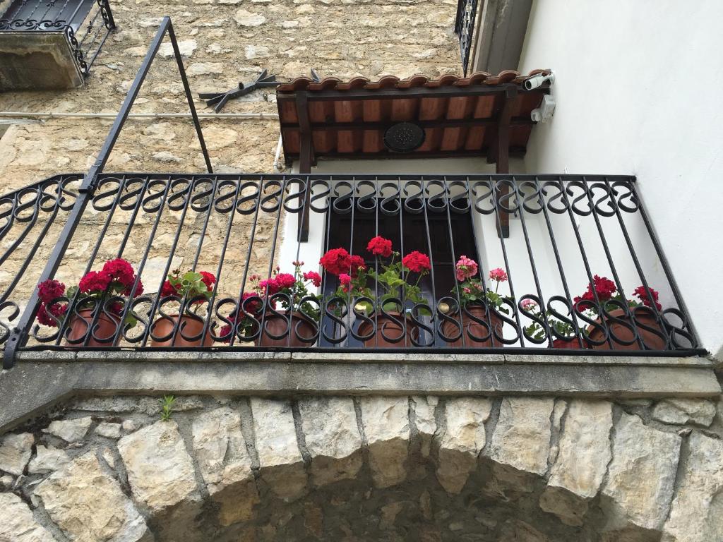 - un balcon avec des fleurs rouges sur une clôture en fer dans l'établissement Casa Sarlo, à Petina