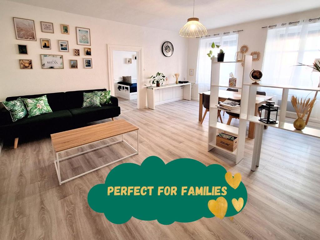 un salon avec un canapé et une table dans l'établissement Urban green spirit, centre historique, à Mulhouse