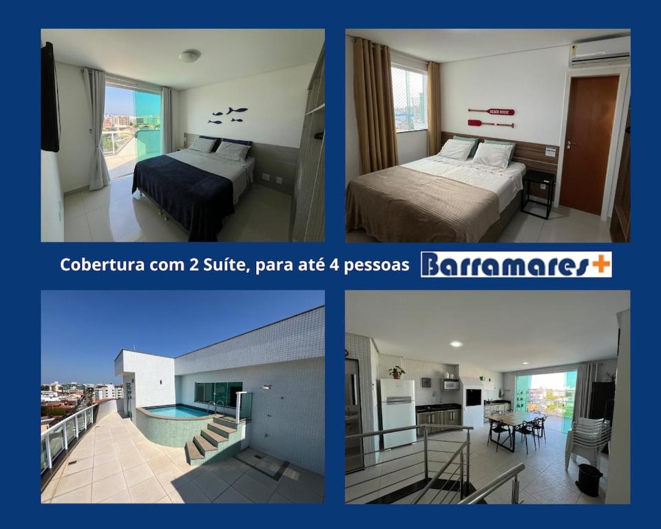zwei Bilder eines Hotelzimmers mit zwei Betten und einem Balkon in der Unterkunft 2 Suítes, até 4 pessoas, Piscina e Churrasqueira - Praia do Forte! in Cabo Frio