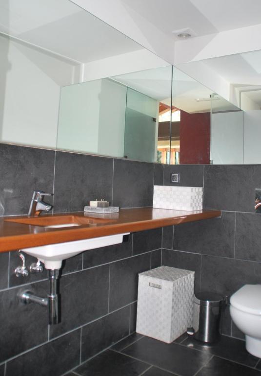 un baño con lavabo y espejo en Fonda Barris, en Joanetes