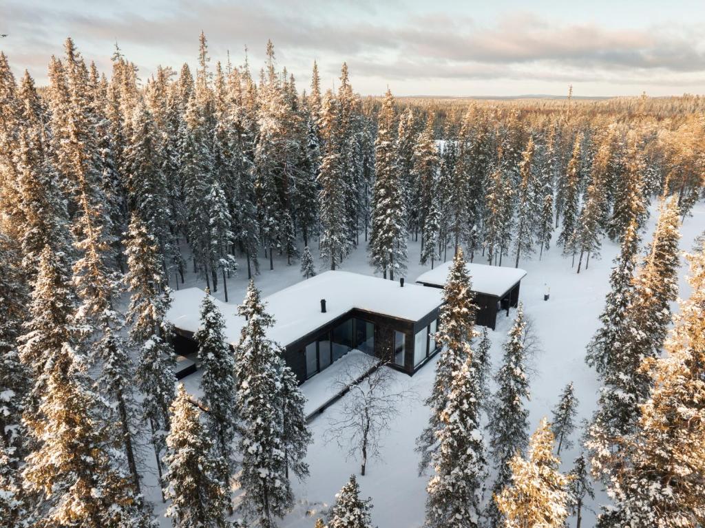 a house in a forest with snow covered trees at Ruka Hideaway by Hilla Villas in Kuusamo