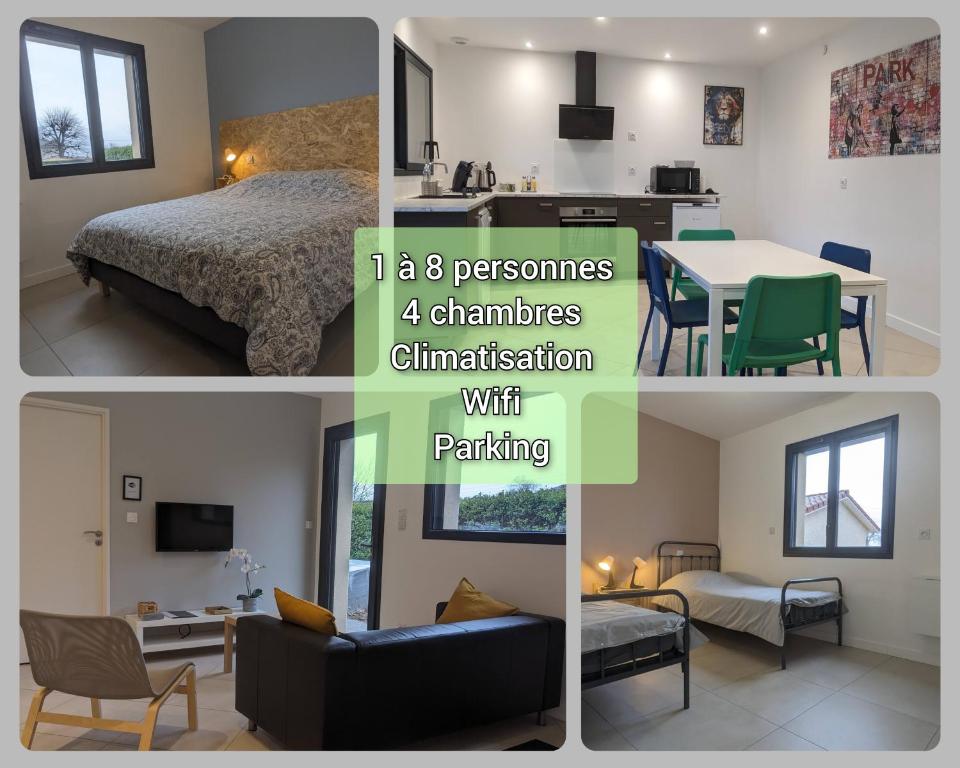 un collage de quatre photos d'une pièce dans l'établissement #03 - Le 60 - Gîtes confortables combinés, à Villieu