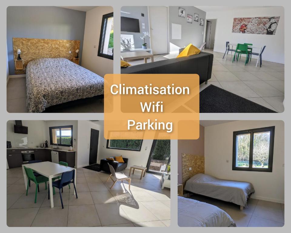 un collage de photos d'une chambre et d'un salon dans l'établissement #01 - Le 60 - Gîtes modernes et confortables, à Villieu