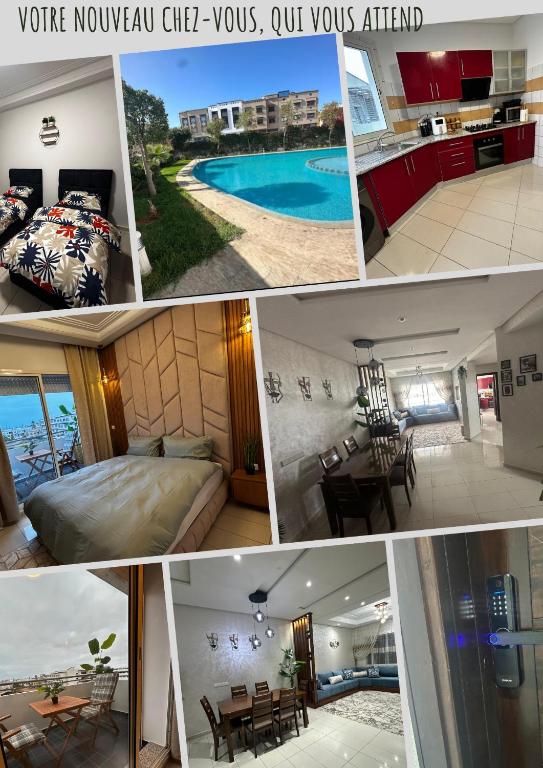 a collage of photos of a hotel room at SunRose appartement, Luxueux, sécurisée, piscine, Wi-FI, Pool et parking in El Jadida