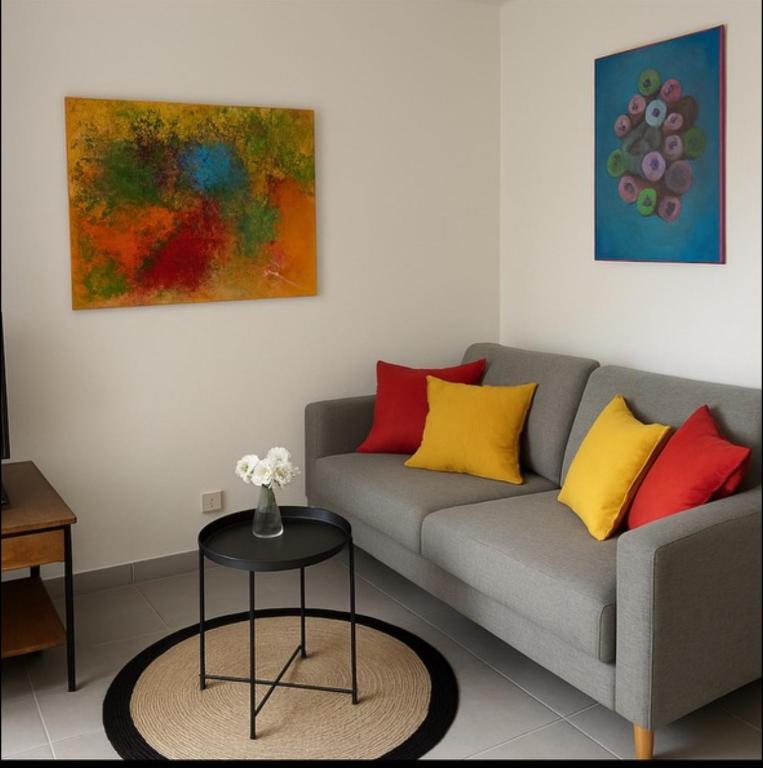 - un salon avec un canapé gris et des oreillers colorés dans l'établissement Résidence Arborea C3 Corte, à Corte